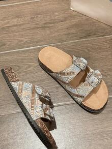 Women's Simple Vintage Double Buckle Flat Sandals Summer Sandals For Women - Gold - View 3