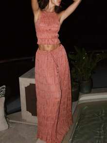 Women Y2k Two Piece Maxi Skirt Sets Beach Vacation Outfit Boho Sleeveless Ruched Halter Crop Cami Tops Backless Tank Tops And Long Swing Skirt Pleated Retro Tulle Chiffon Flowy Skirt Going Out Set 2 Piece Outfits Summer Holiday Party Outfit - 珊瑚粉 - 查看 1
