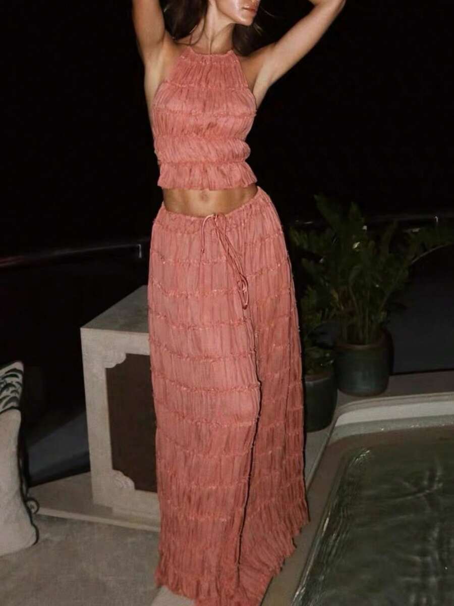 Women Y2k Two Piece Maxi Skirt Sets Beach Vacation Outfit Boho Sleeveless Ruched Halter Crop Cami Tops Backless Tank Tops And Long Swing Skirt Pleated Retro Tulle Chiffon Flowy Skirt Going Out Set 2 Piece Outfits Summer Holiday Party Outfit - 珊瑚粉 - 查看 1