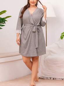 1 Peça Camisola Longa de Manga Comprida para Mulheres Plus Size, Elegante com Renda Recortada e Amarração, Malha, Primavera/Verão