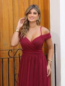 Elegant Off-The-Shoulder Long Dress Without Shine - Gỗ đỏ - Xem 5