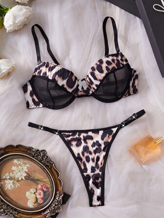 2 件女士性感内衣套装 - 豹纹拼接钢圈文胸和可调节蕾丝花边丁字裤，浪漫诱人，非常适合卧室、情人节