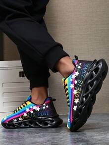 男士街头时尚多色彩虹星纹扭底休闲运动鞋，户外经典刀锋底舒适情侣日常百搭四季跑步鞋 - 黑色 - 查看 12