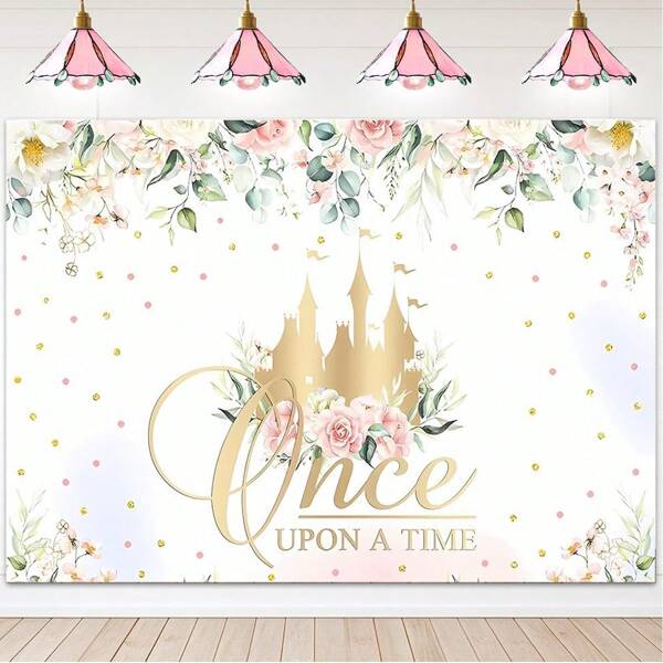 1pc Vintage Storybook Castle Backdrop With Gold Floral Design, Royal Theme Vinyl Photography Background For Birthday Party Decor, Anniversary Celebration, Premium 2D Banner For Cake Table Photo Studio Props