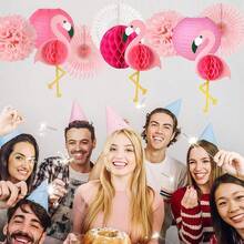 11Pcs Pink Flamingo Plush Pom Poms, Paper Flowers, Paper Fans, Lanterns Decorative Set, Ideal For Hawaiian Summer Beach Party, Tropical Party, Birthday Party, Bachelorette Party, Barbecue - Pink Suit - View 3