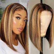 220% Highlight Bob Wig Straight HD Lace Short Bob Wig Human Hair Chocolate Brown 13x4 Lace Closure Wig Ombre 4/27 Straight Lace Front Wig Pre Plucked Honey Blond  For Girls Colored Brazilian Human Hair Wigs For Women Baby Hair - SP4/27 - 查看 1