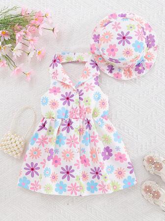 2pcs/Set Baby Girl Summer Casual Floral Print Dress And Hat Set