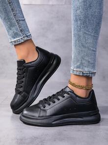 New Women's All-Season Casual Sneakers, White/Black/Green Color Slip-Resistant Lightweight Sneakers, Round Toe Lace-Up Women's Shoes, For Party, Daily Wear - Black - View 6
