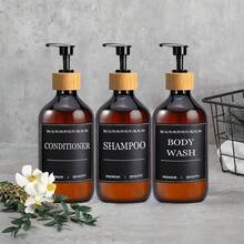 500ml Bathroom 3pcs Set Refillable Bottles, Shampoo & Conditioner Dispensers, With Waterproof Labels Back To School - Brown - View 2