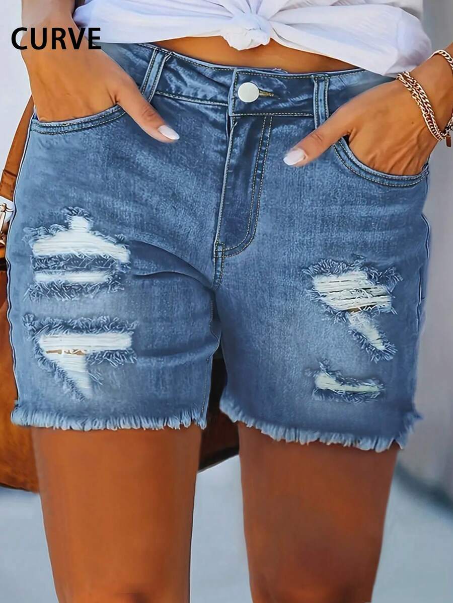 Pantalones cortos vaqueros ajustados de alta calidad y talla grande, pantalones cortos sexys y ajustados de estilo casual para el verano - Lavado ligero - Ver 1