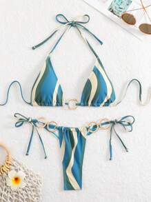LUCKY HOLIDAY Fashionable Sexy Gold Circular Ring Tie Side Bikini Swimsuit Set