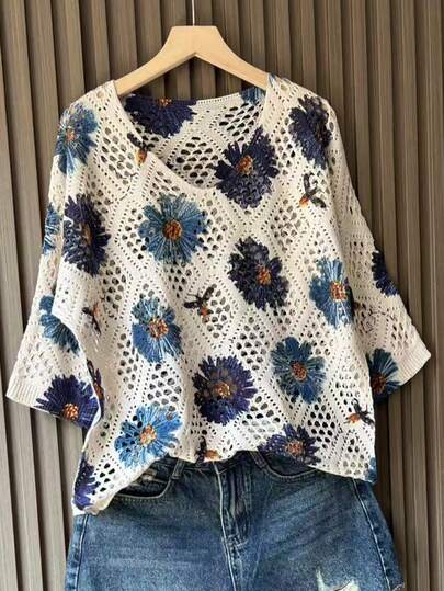 Women's Casual Floral Printed Hollow-Out Knit Tops For Holiday