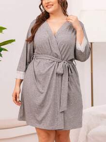 1 Peça Camisola Longa de Manga Comprida para Mulheres Plus Size, Elegante com Renda Recortada e Amarração, Malha, Primavera/Verão