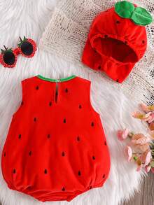Disfraz de Fresa para Bebé Niño y Niña, Mono Sin Mangas con Ribete de Hojas de Felpa y Gorro, Ropa de Cosplay para Halloween - Rojo - Ver 2