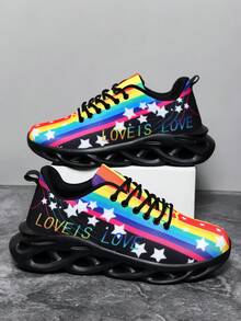 男士街头时尚多色彩虹星纹扭底休闲运动鞋，户外经典刀锋底舒适情侣日常百搭四季跑步鞋 - 黑色 - 查看 2
