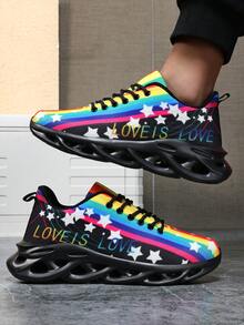 男士街头时尚多色彩虹星纹扭底休闲运动鞋，户外经典刀锋底舒适情侣日常百搭四季跑步鞋 - 黑色 - 查看 8