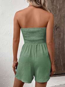 女士纯色抹胸连体裤，夏季时尚 - 青色 - 查看 3