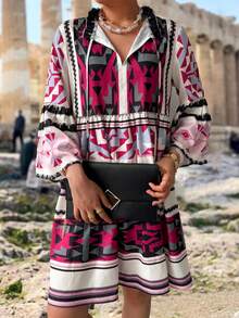 Frühlings- & Sommer-Urlaubs-Lässig Boho Geometrisches Muster V-Ausschnitt Rüschen Saum Seitenbindung Midi Kleid - Verschiedenfarbig - Übersicht 3
