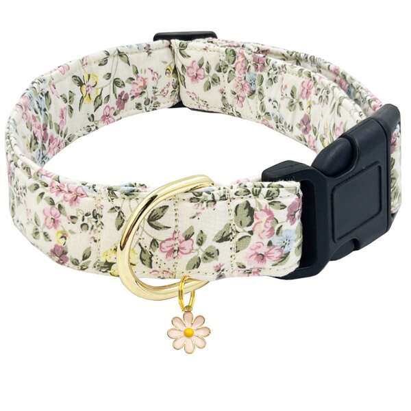 Soft & Comfortable Floral Print Pet Dog Collar With Flower Pendant, Adjustable & Washable Cute Dog Necklace