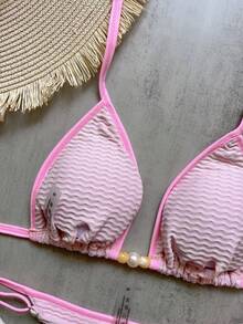 Pink Bikini Set With Thong Bottoms, Beach Swimwear - Baby Pink - View 5