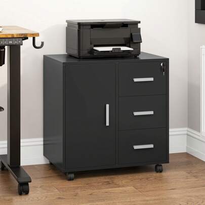 Black Mobile File Cabinet - 3-Drawer Lockable Office Storage With Door & Wheels (60*40*57cm), Multi-Purpose As Printer Stand & Rolling Cabinet For Home Office
