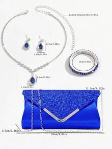 Women's Party Elegant Luxury Sequin Decor Evening Clutch Bag, Rhinestone Chain Shoulder Bag, Earrings, Necklace, Bracelet Gift Set - Blue - View 5