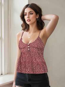 Women's Summer Casual Floral Crop Camisole Fitted Scoop Neck Tie Waist Backless Y2k Spaghetti Strap Tops - Red - View 3