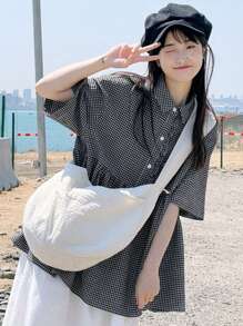 女士正式撞色格纹印花领荷叶边短袖休闲衬衫，适合春夏季