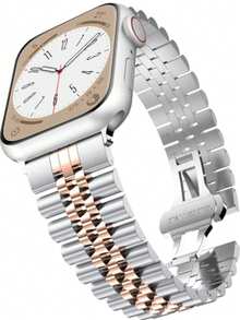 1pc Stainless Steel Solid Metal Strap With Butterfly Buckle Compatible With Apple Watch - Silver Rose Gold - View 3