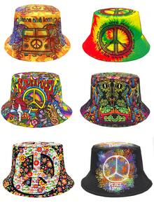 Reversible Bucket Hat With Peace & Love Pattern, Lightweight Casual Outdoor Sun Hat For Men And Women, Bohemian Style Suitable For Vacation - A - View 12