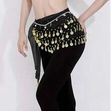 1pc Belly Dance Waist Chain Costume, Metal Mesh Waistband Bodysuit Decor, Gold Coin Waist Sash For Dance, Boho Style - Black - View 4