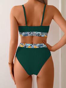 Women Peacock Blue Texture Patchwork Ditsy Floral Elegant Swimwear Set, Suitable For Beach, Swimming Pool, Vacation