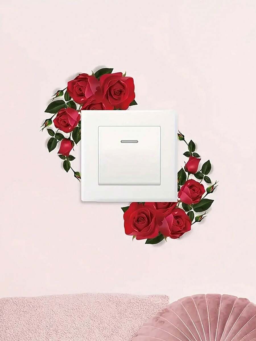 1 件/3 件/5 件浪漫情人节玫瑰花朵墙壁开关贴纸 - 可移除乙烯基贴花，带有粉红玫瑰和绿叶，自粘，易于粘贴在电灯开关上，情侣家居装饰家居浴室装饰浴室地毯地毯秋季装饰浴室配件 - 彩色 - 查看 1