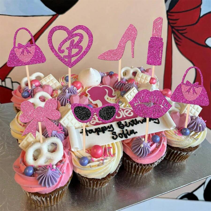 24 件/套闪光粉色手提包和口红形状纸杯蛋糕装饰物，女士生日派对装饰品 - 彩色 - 查看 1