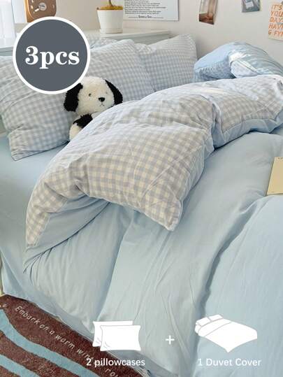 3 peças, azul-celeste, pequeno e fresco, xadrez, meninas, estudantes, pequeno e fresco, supermacio, adorável, quatro estações, meninos e meninas, capa de edredom para dormitório, roupa de cama para casa, kit, excluindo núcleo de edredom, cama de solteiro queen king