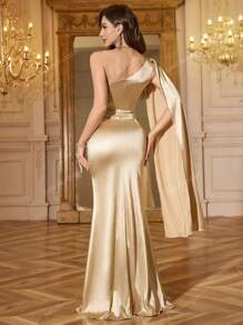 yanchunxier 1pc Butter Yellow Knit Elegant One Shoulder Zip Up High Slit Fitted Maxi Fishtail Hem Dress, Suitable For Weddings, Parties, Holidays, Formal Dinners, Fall Women Clothes