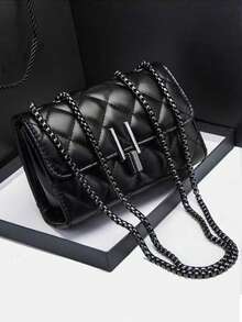 Dedoo Túi đeo vai nữ thanh lịch, có dây xích, túi đeo chéo bằng da PU chần bông, túi đeo chéo tối giản sang trọng, khóa kéo, họa tiết kẻ caro, có thể giặt máy - lớp lót bằng polyester. - màu đen - Xem 2