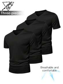 3pcs Men's Casual V-Neck T-Shirts, Soft & Comfortable Fabric, Breathable, Solid Color Versatile, Suitable For Summer Outing, Gathering, Sport Exercise