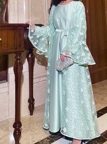 Modest Spets Abaya Paljett Spets Abaya Med Innerklänning Tvådelad Abaya Set Occasionsklänning - Mint Grön - Visa 4