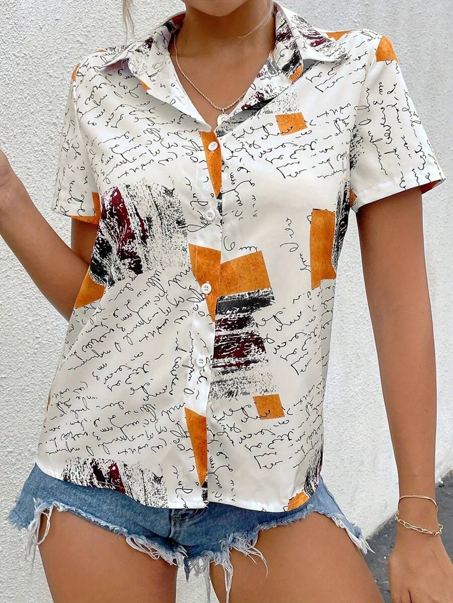 Camisa de manga corta con estampado total casual de verano para mujer - Blanco - Ver 1