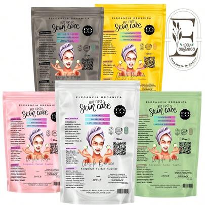 SkinCare Mascara Facial Corporal Kit Conjunto 5x100g de Argila sendo as 5 Cores mais procuradas - Verde - Rosa - Preta - Branca - Dourada (100gr Cada)