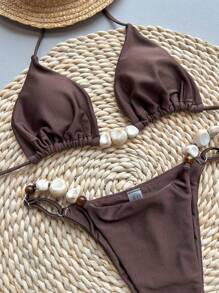 Bikinx Women's Brown Halter Backless Beaded Bikini Set With Tie Back And High Stretch Fabric