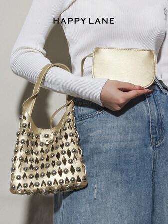 HAPPY LANE 2 件套朋克风格铆钉镂空装饰手提包，PU 女士链条单肩包和斜挎包，小包，休闲斜挎包，适合女孩、女士、大学生、初学者和办公室女士，非常适合工作、商务、通勤和上学，Y2K