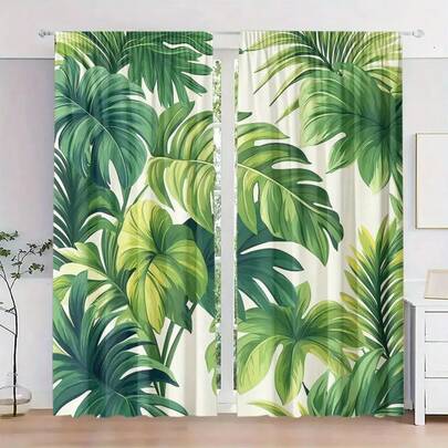 2 Piezas de Cortinas Translúcidas de Poliéster con Patrón Digital de Hojas Verdes de Alta Definición, Adecuadas para Dormitorio, Sala de Estar, Oficina y Decoración del Hogar, Diseño de Ojal para Barra de Cortina