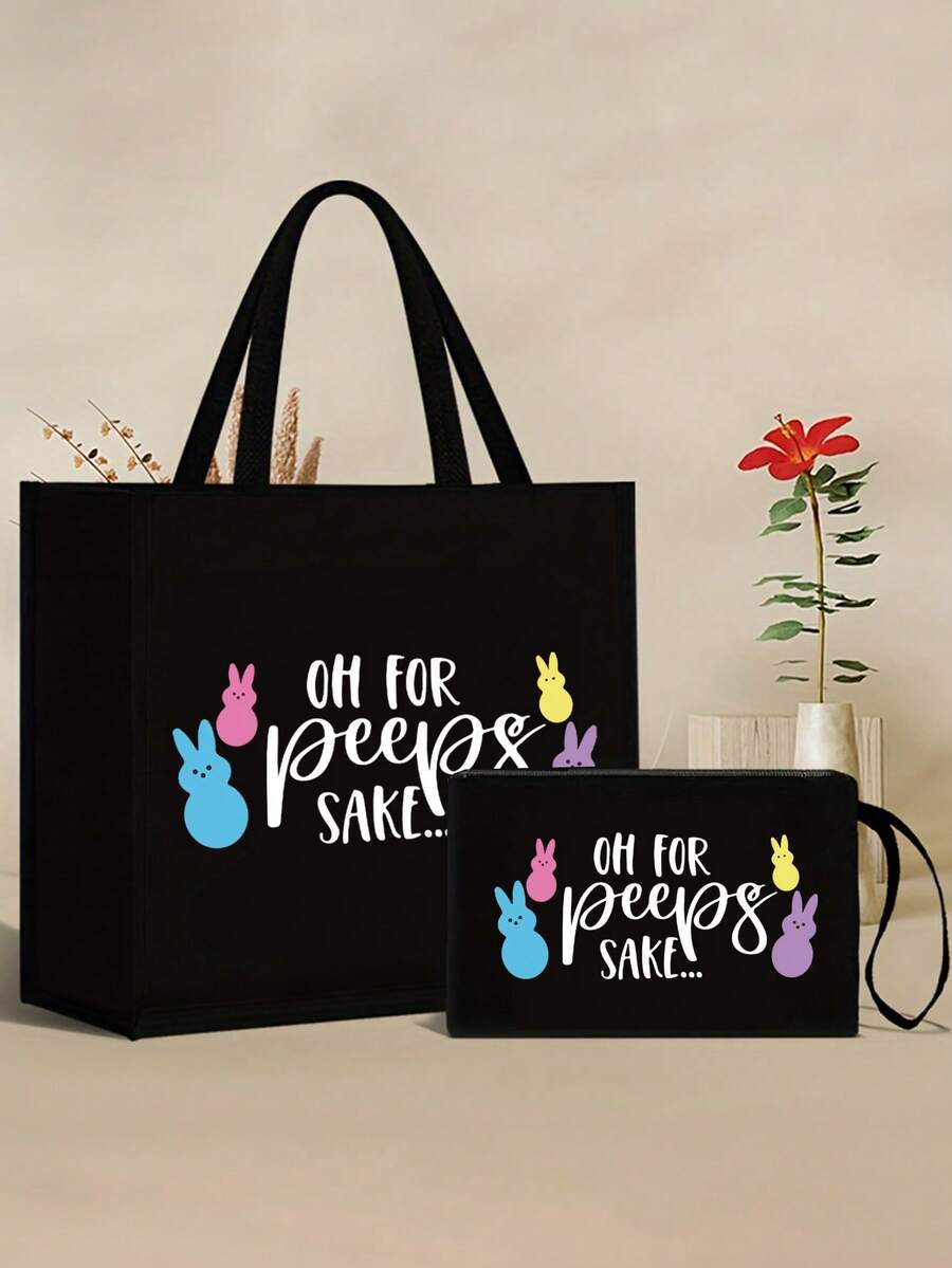 Easter Theme Women's Linen Tote Bag Set, Includes 1 Tote Bag With Rabbit Ear And Easter Pattern Print, And 1 Printed Pouch, Suitable For Beach, Bridesmaid Gift, Travel, Makeup Bag, Easter Gift, Beach, Travel, Vacation, Commute, Daily Use, Great Gift For Girlfriend, Mother's Day, Birthday, Anniversary - Multicolor - View 1