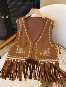 Women Embroidered Sleeveless Faux Suede Tassel Hem Casual Vest - Brown - View 3