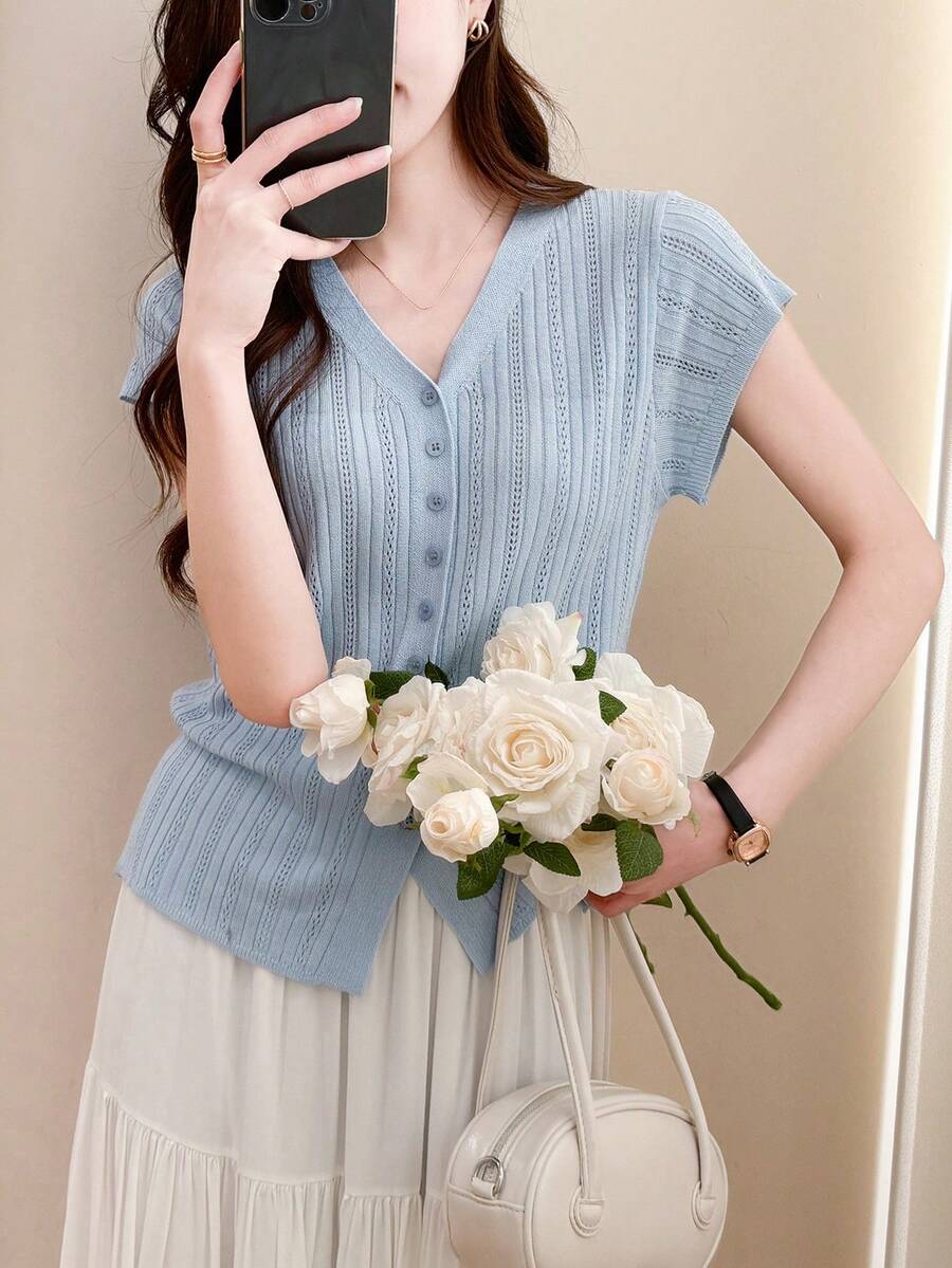 女士夏季休闲 V 领短袖开衫，优雅简约 - 淺藍色 - 查看 1