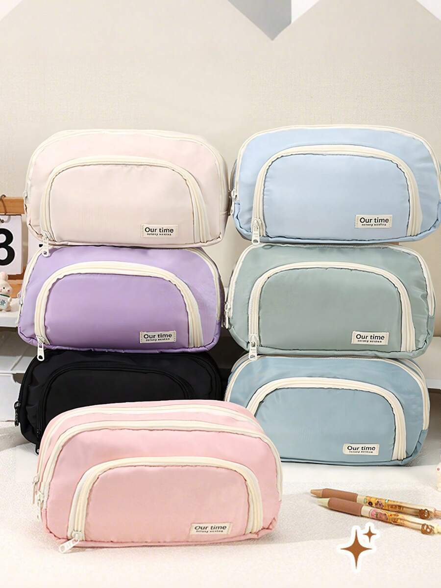 1pc 3-Layer Canvas Pencil Case With Clear Window, High-Quality Japanese Style, Extra Large Capacity Student Stationery Bag (7 Colors),Pencil Pouch,School Bag