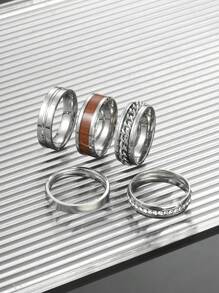 5 pièces Ensemble de bagues de doigt en acier inoxydable et avec incrustation de bois, accessoire polyvalent pour hommes et femmes
