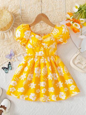 BASUSARRI Young Girl Summer Floral Sweetheart Neck Puff Sleeve Girls Dress, Fresh & Fashionable, Cute & Minimalist
